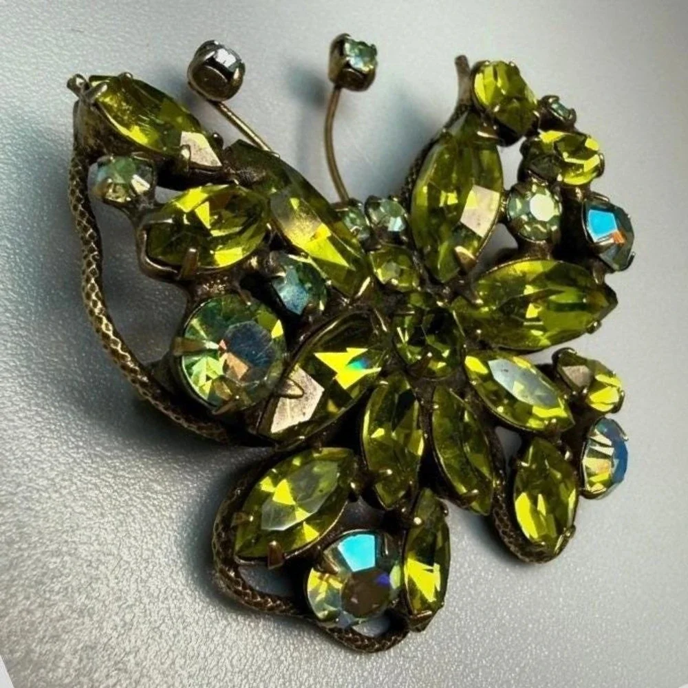 Vintage Regency Rhinestone‎ Butterfly Brooch Green Uranium Glass MCM Signed